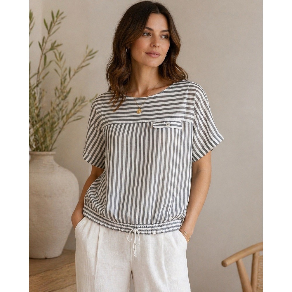 Cathy Daniels 2X Gray White Striped Blouse Womens Plus Boxy Drawstring Hem Top